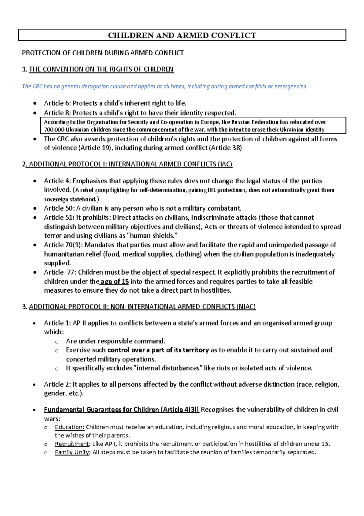 Children and Armed Conflict: Protection and Rights Analysis - Studocu
