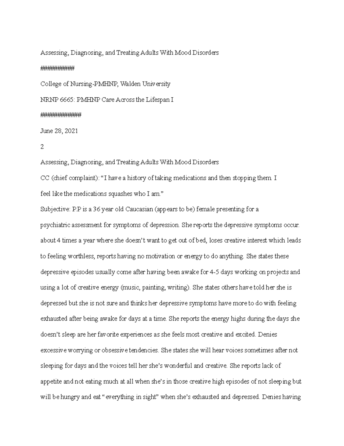NRNP 6665: Week 4 Assignment - Assessing and Diagnosing Mood Disorders ...