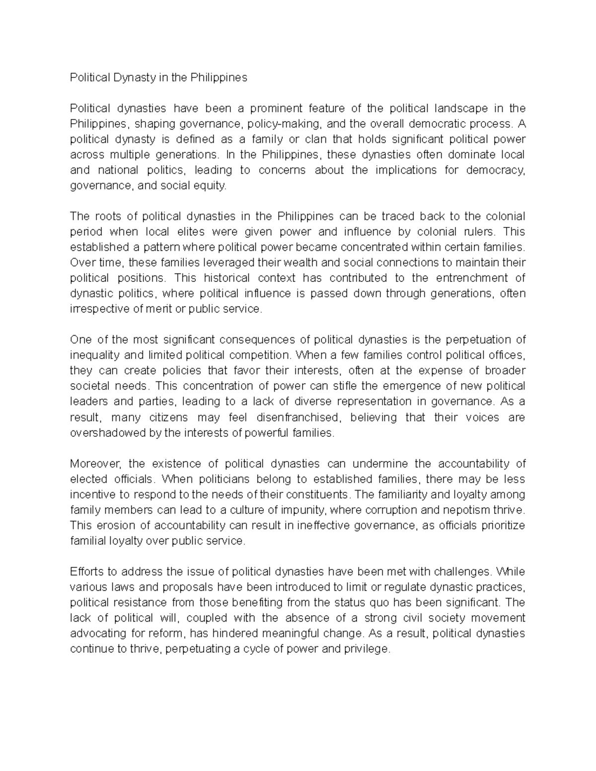 Political Dynasty in the Philippines: Impacts on Democracy & Governance ...