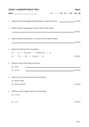 Stage 1 Chemistry Recap Test A: Key Concepts & Problem Solving - Studocu