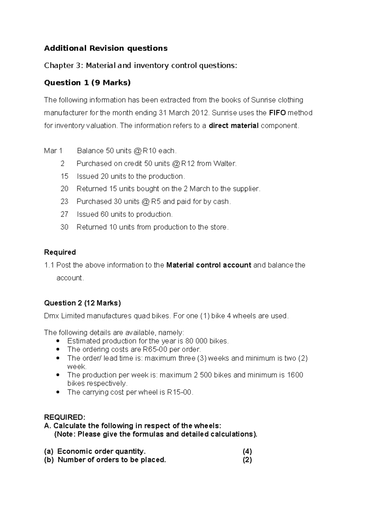 Additional Revision Questions: Chapter 3 & 4 - Material & Labour Costs ...