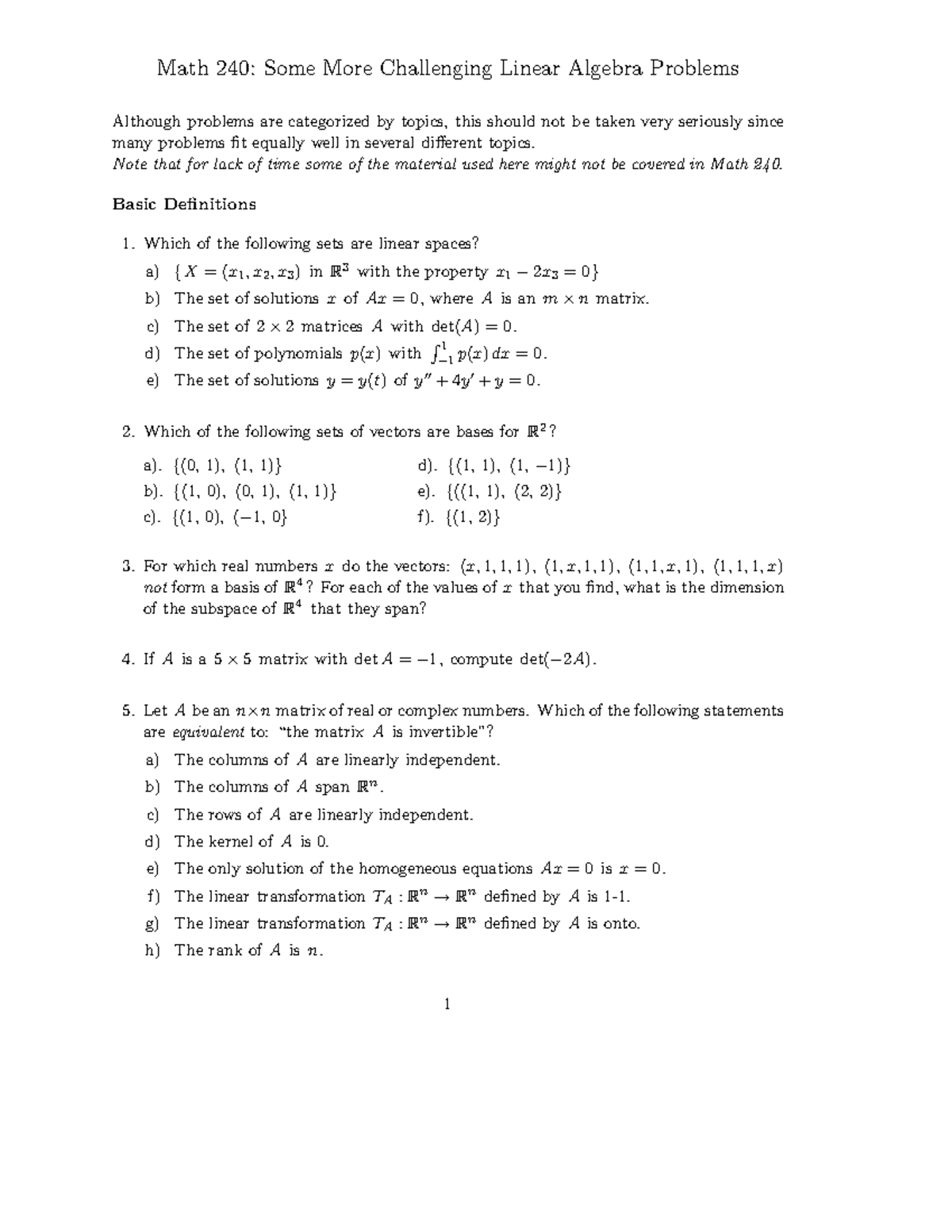 Seminar assignments - linear algebra problems - Math 240: Some More ...