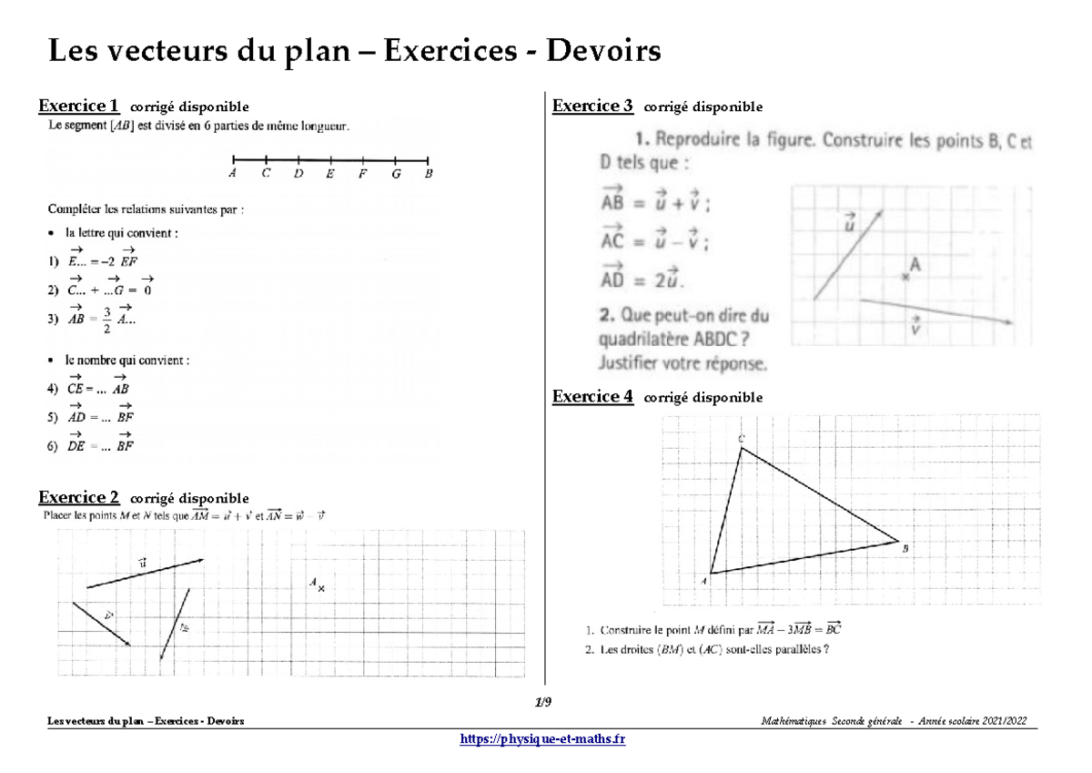 Exercices Corrigés sur les Vecteurs du Plan - Mathématiques 2nde - Studocu