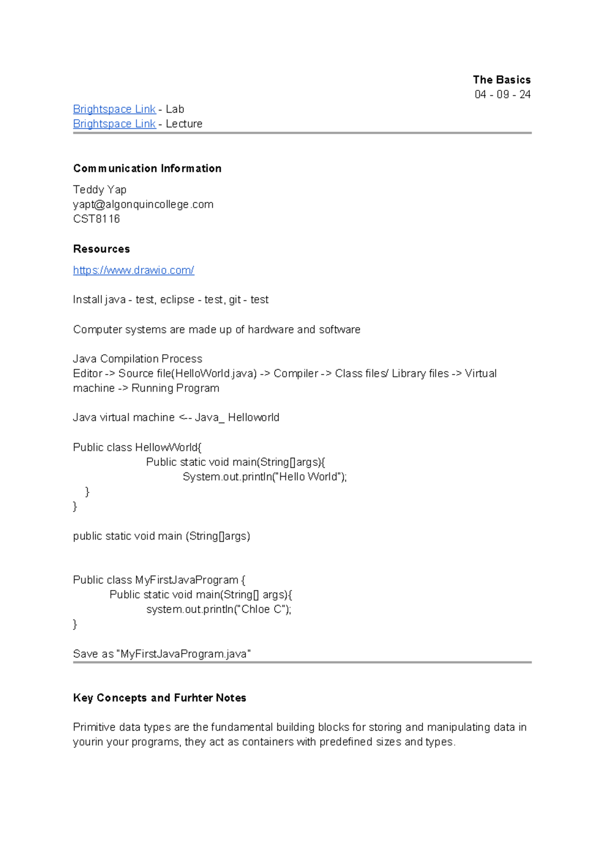 CST8116 Intro to Computer Programming Lecture Notes - Key Concepts ...