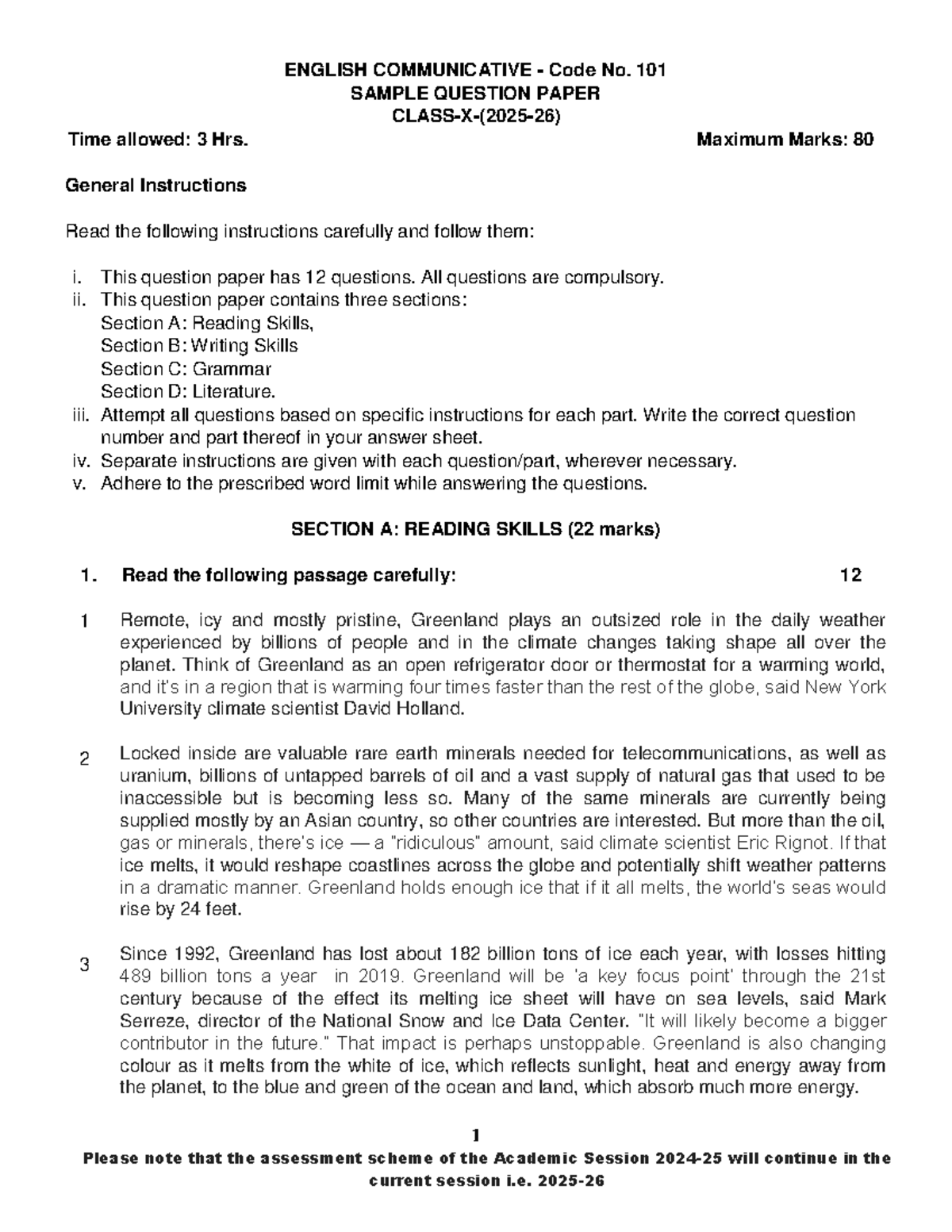 ENGLISH COMMUNICATIVE Code No. 101 SAMPLE QUESTION PAPER - 3 Hrs, 80 ...