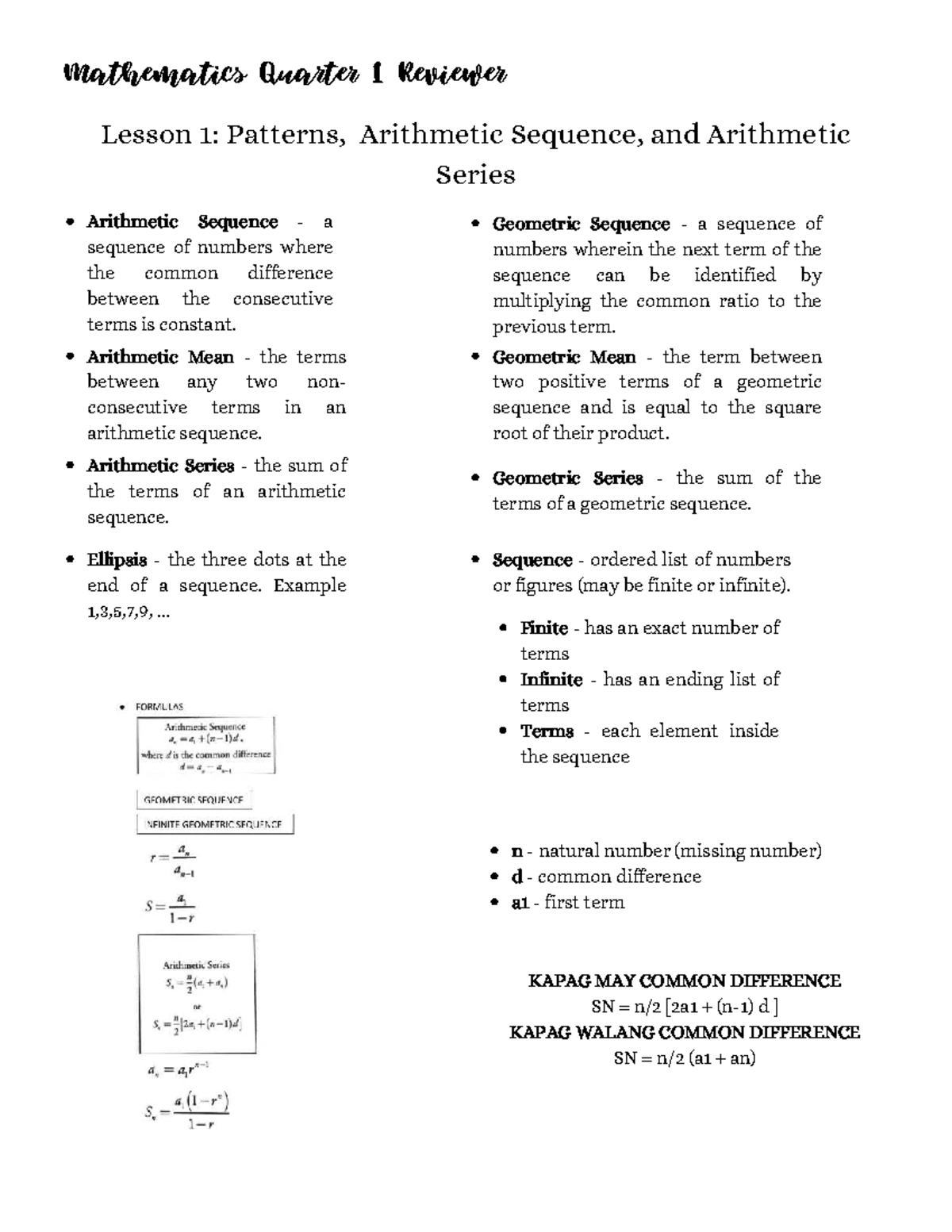 Math 101 Q1 Reviewer: Patterns, Sequences & Series Concepts - Studocu