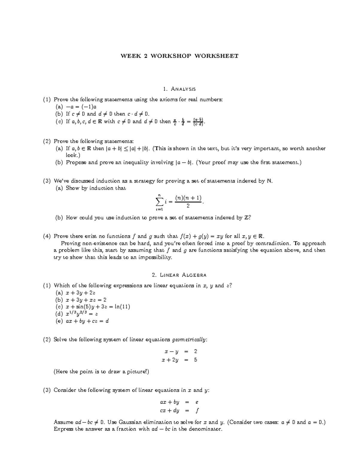 MATH 101: Week 2 Workshop Worksheet on Real Numbers & Linear Algebra ...