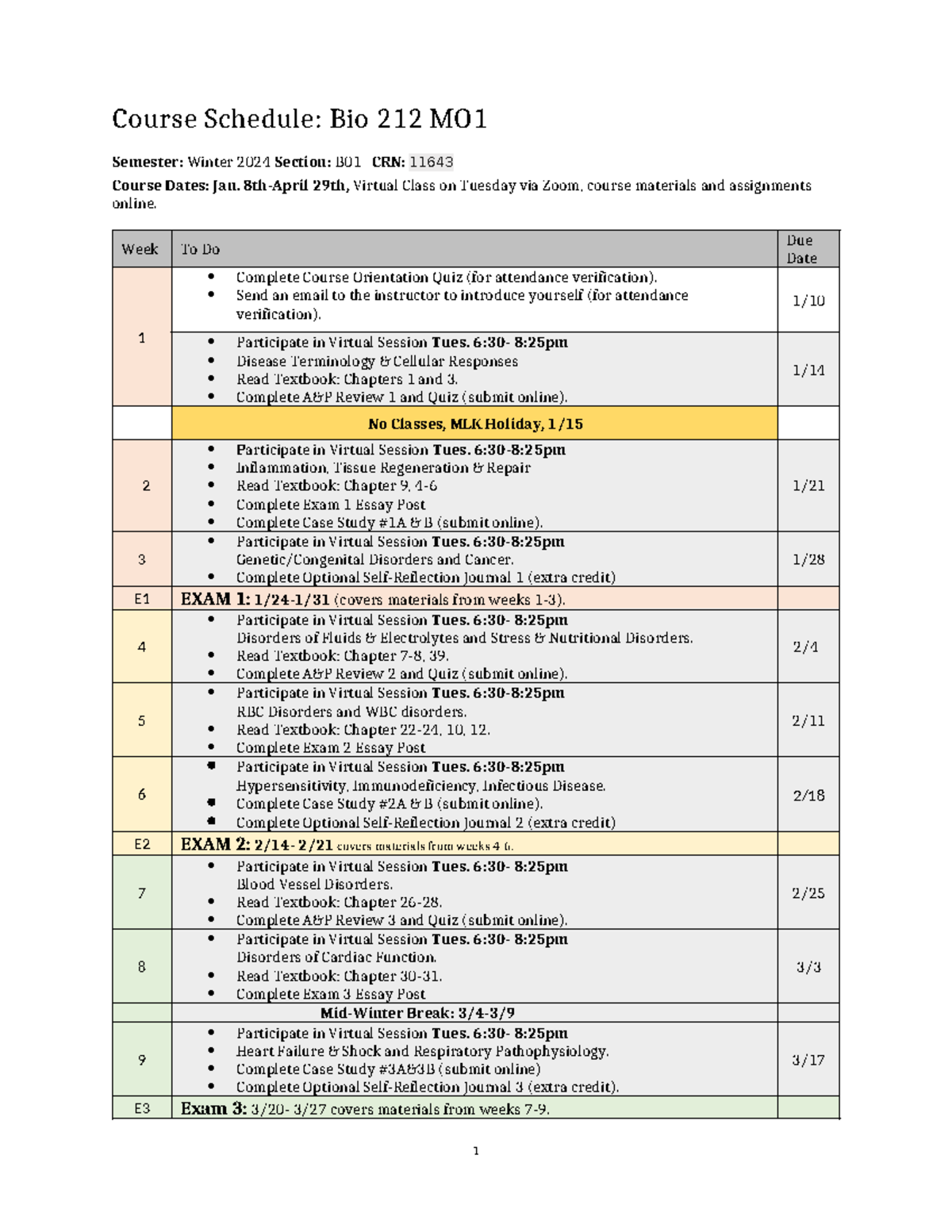 Bio212 Winter 2024 15-Week Course Schedule and Assignments Guide - Studocu