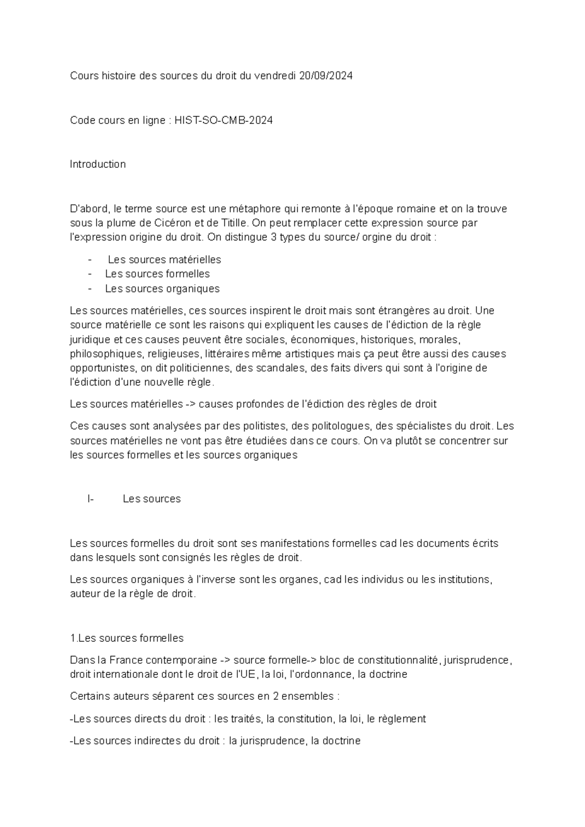 HISTOIRE DES SOURCES DU DROIT - Cours en ligne (Code: HSD) - Studocu