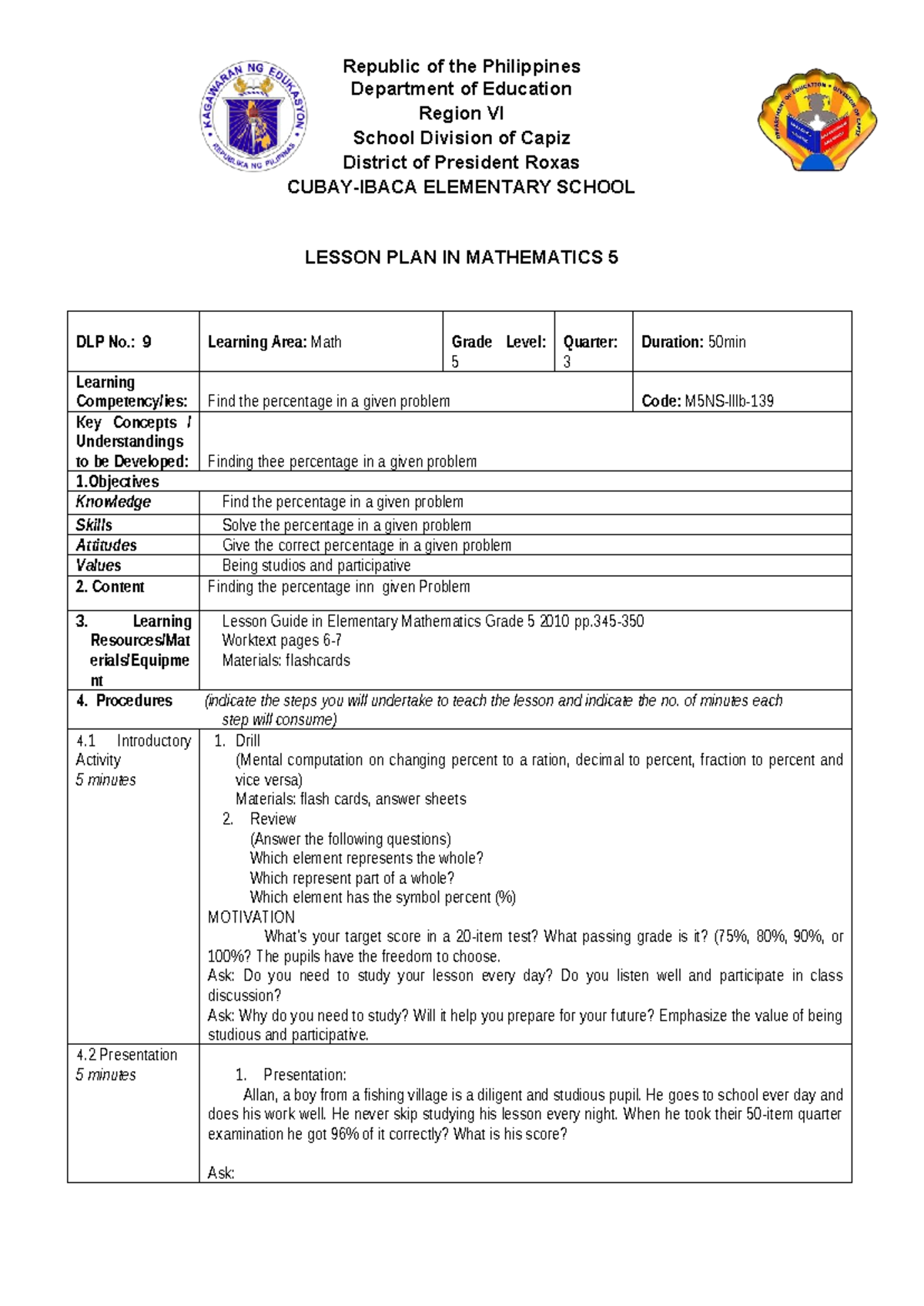 DLP COT Mathematics 5 Lesson Plan: Finding Percentages Explained - Studocu
