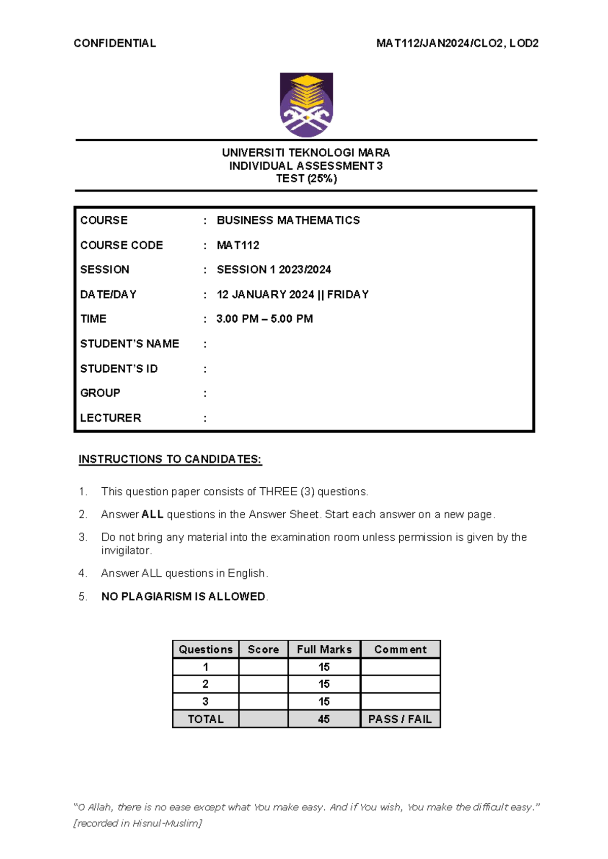 MAT112 [SET 1] - Business Mathematics Individual Assessment 3 - Studocu