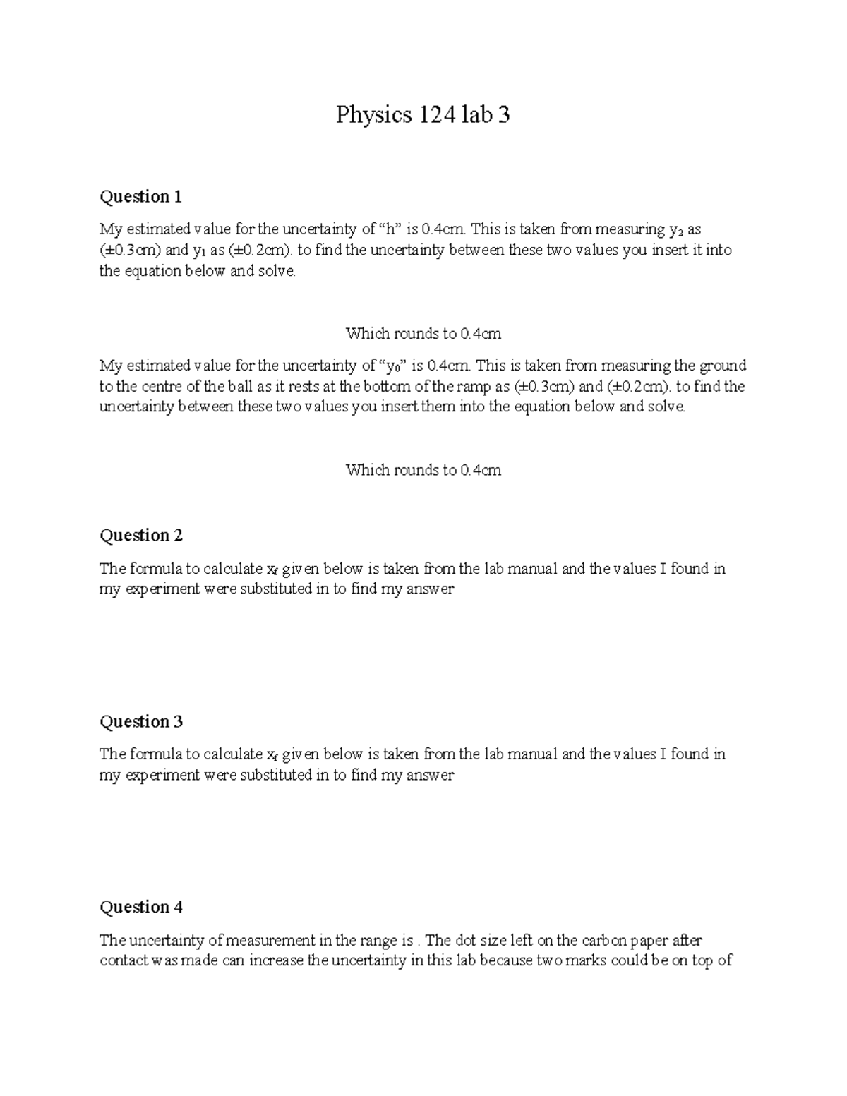 Physics 124 Lab 3 Report: Uncertainties in Measurement Analysis - Studocu
