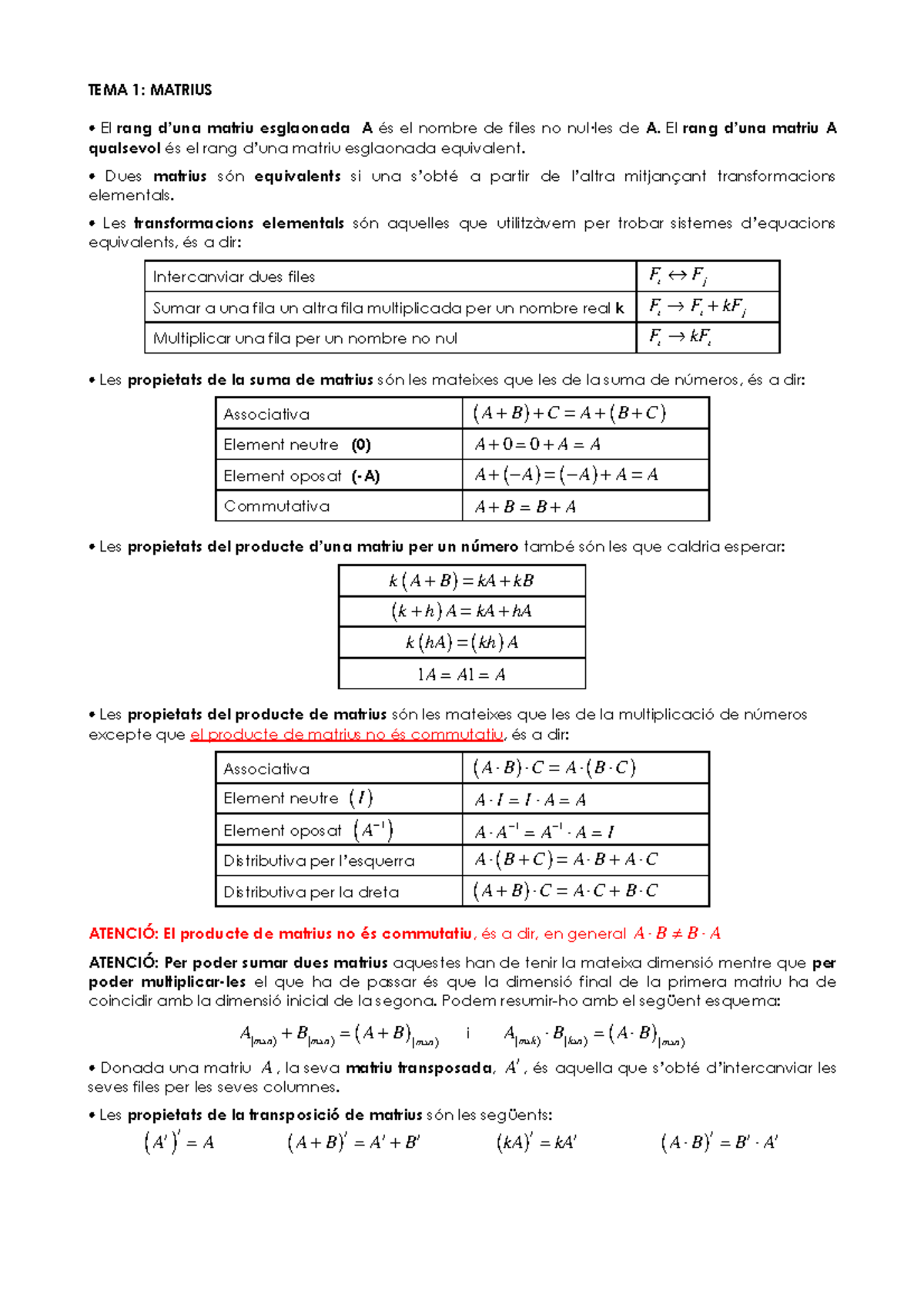 TEMA 1: MATRIUS - Esquema de Matrius i Propietats - Studocu