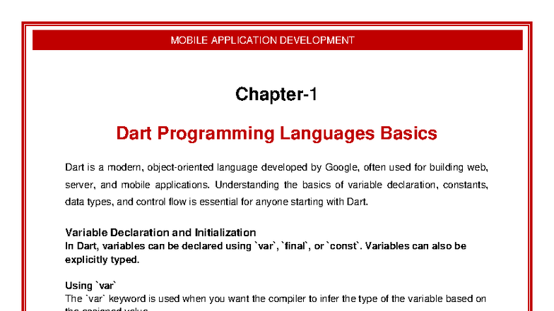 MOBILE APP DEV: Basics of Dart Programming Language - Studocu
