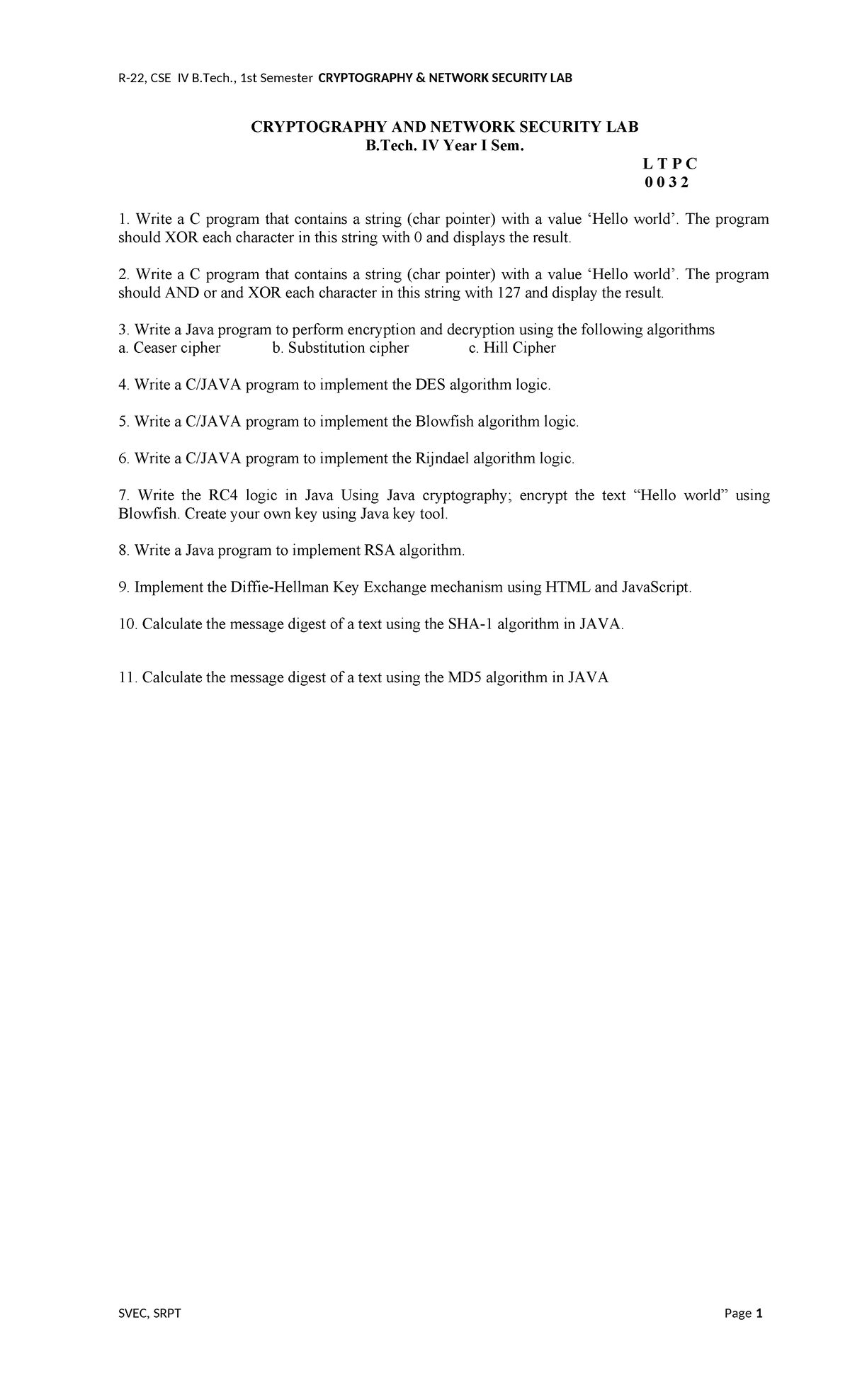 CSE IV B.Tech., 1st Sem. Cryptography & Network Security Lab Manual ...