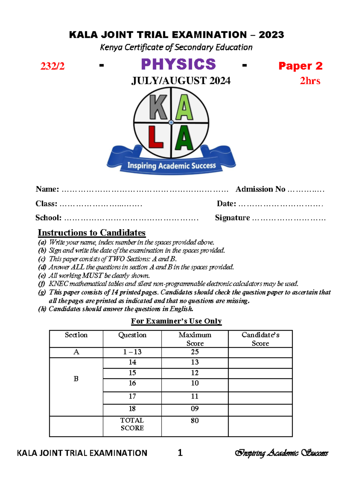 KALA 2024 MOCK Physics Paper 2 Final Exam - Studocu