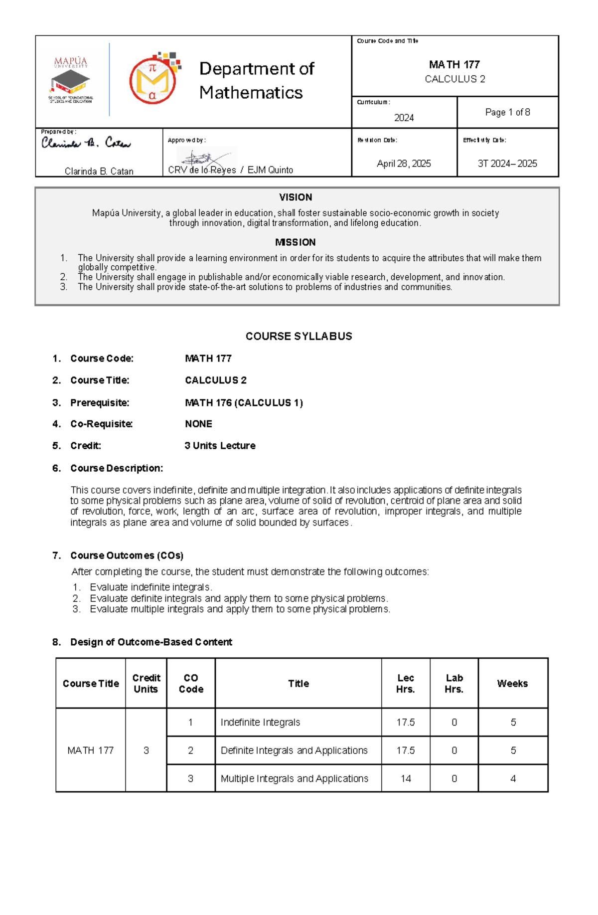 MATH 177 CALCULUS 2 Syllabus for Blended Learning 3T AY 2025-2026 - Studocu