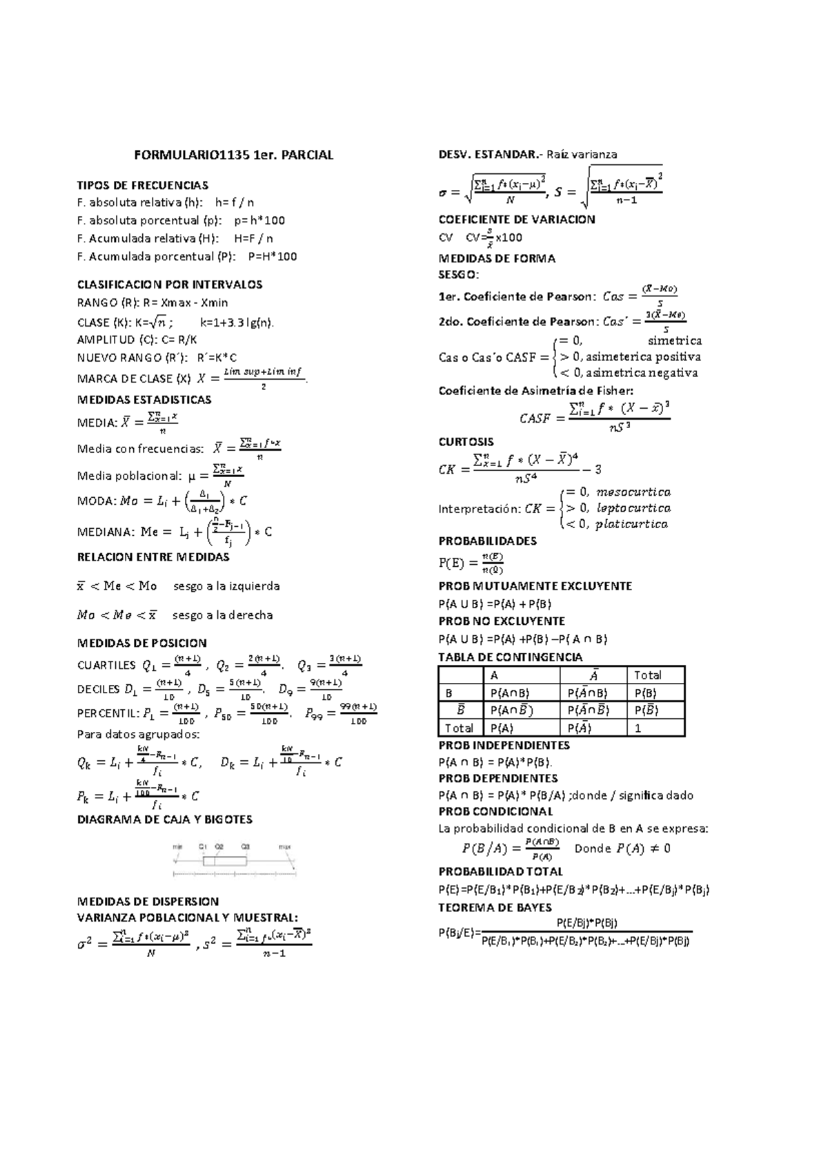 FORMULARIO 1135 1er PARCIAL: Estadística y Probabilidades - Document Preview