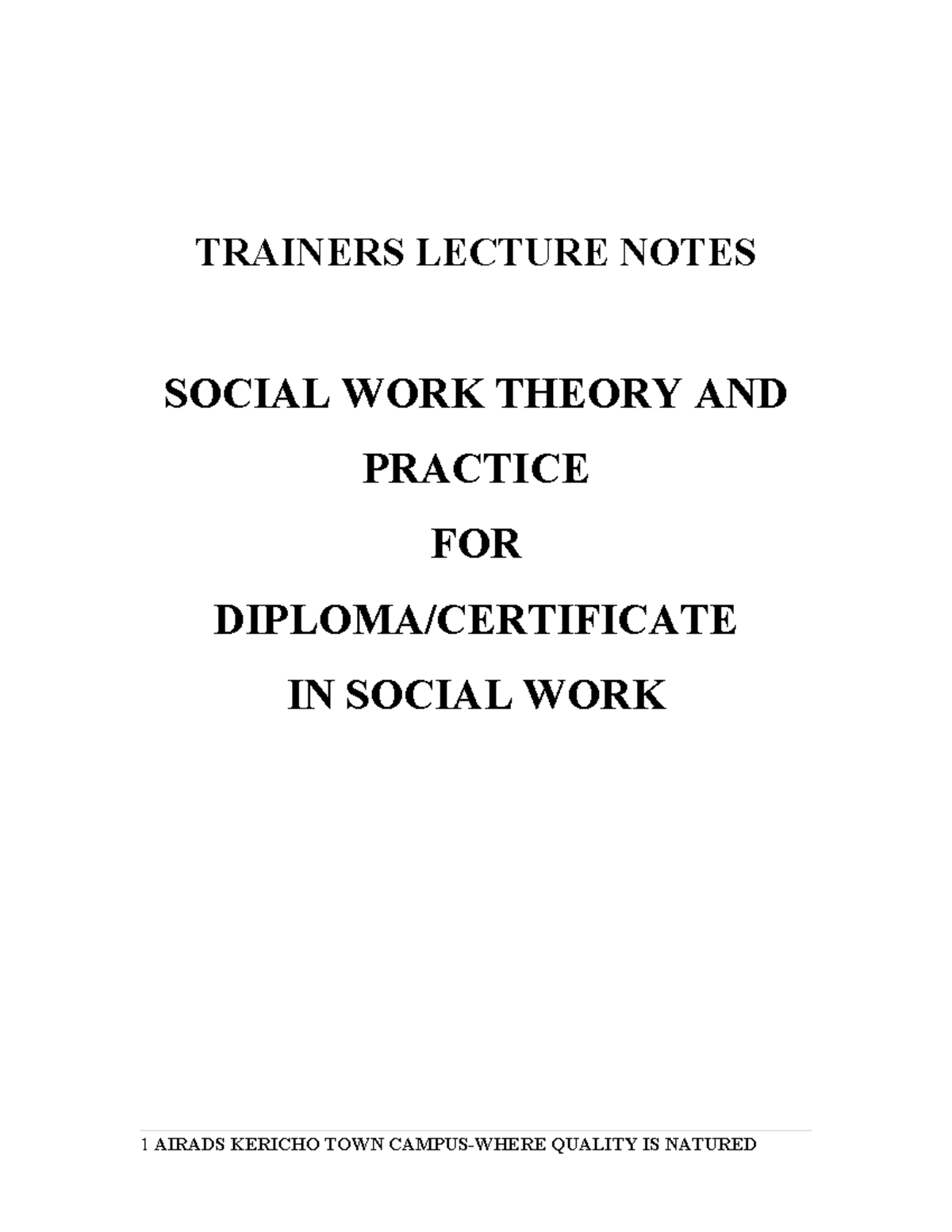 Social WORK Theory AND Practice - TRAINERS LECTURE NOTES SOCIAL WORK ...