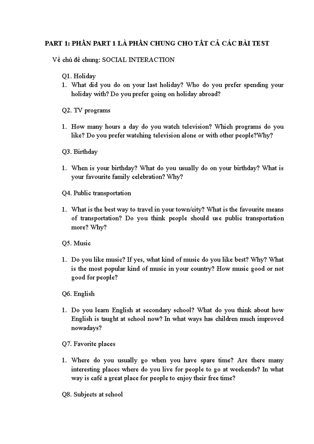Speaking Test Q&A: Social Interaction and Personal Experiences - Studocu