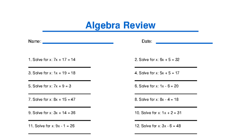 Algebra Review 4 - Practice Problems and Solutions - Studocu