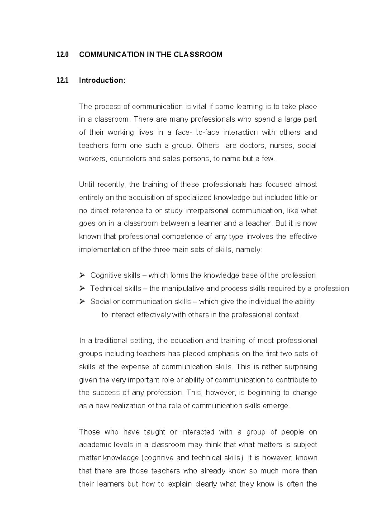 12.0 COMMUNICATION IN THE CLASSROOM: Techniques & Strategies for ...