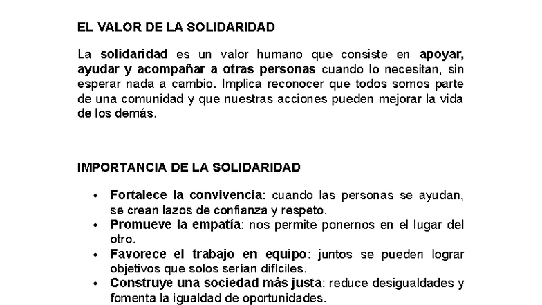 EL VALOR DE LA SOLIDARIDAD: Reflexiones y Prácticas Esenciales - Studocu