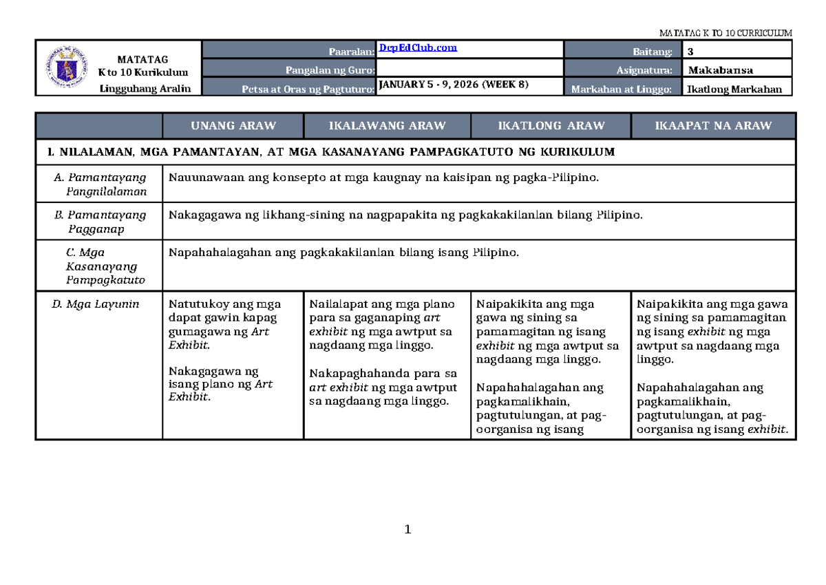 MATATAG K to 10 CURRICULUM: Art Exhibit Preparation Guide for Grade 3 ...