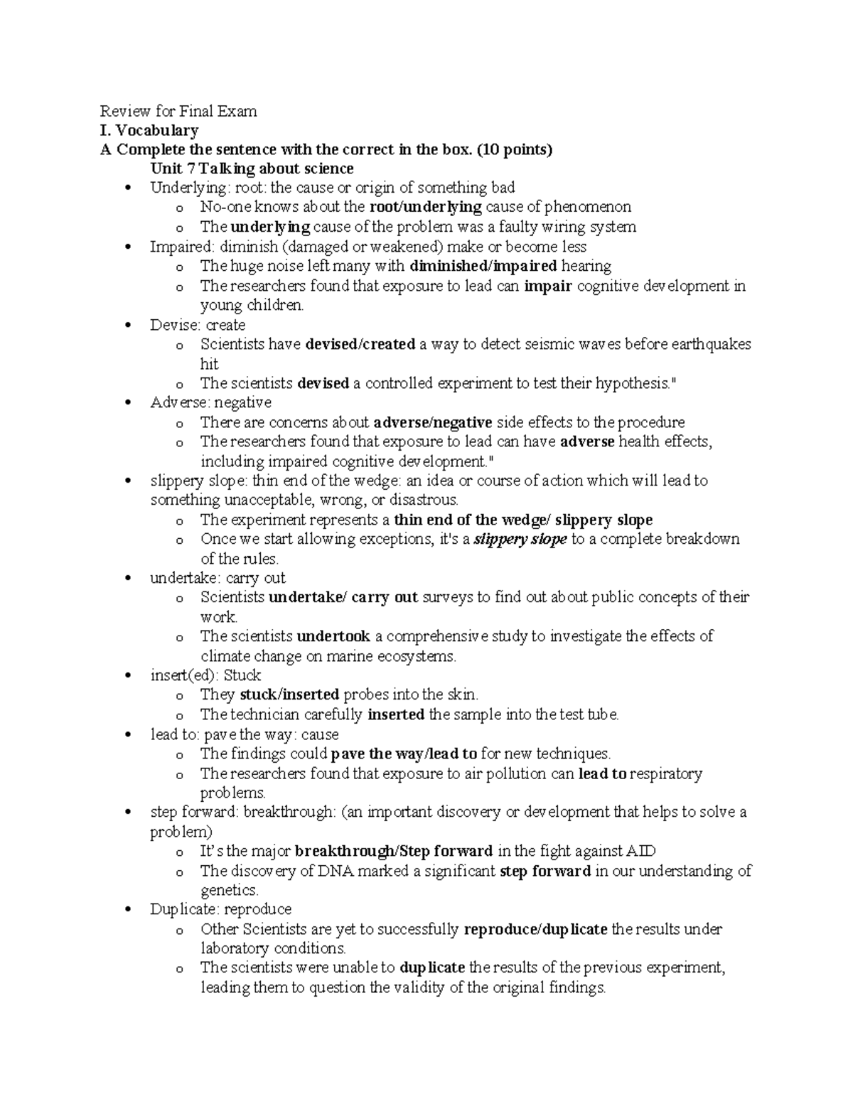 Review Guide for Final Exam: Vocabulary & Key Concepts - Studocu