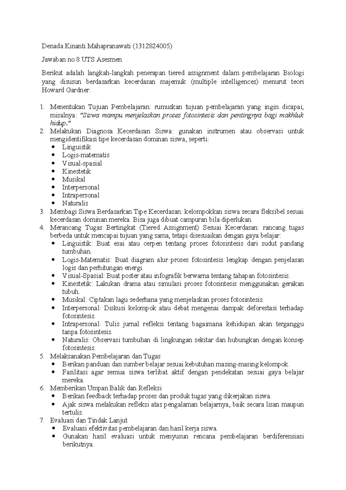 UTS (1312824005) Tiered Assignment dalam Pembelajaran Biologi - Studocu