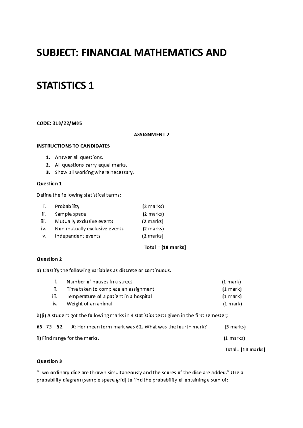 Financial Mathematics & Statistics 310/22/M Assignment 1 and 2 Notes ...