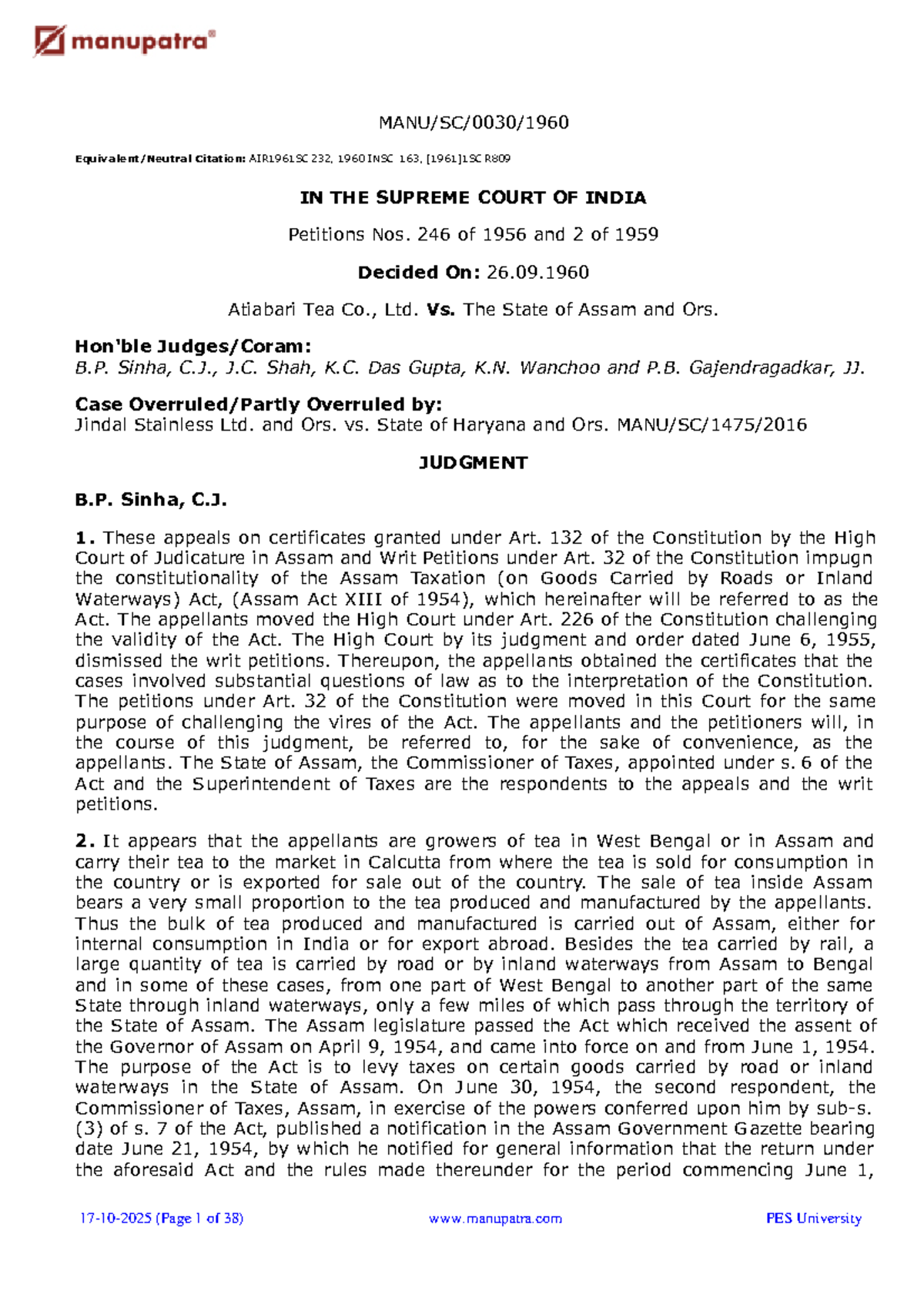Atiabari Tea Co. Ltd. vs. State of Assam: Supreme Court Judgment (1960 ...