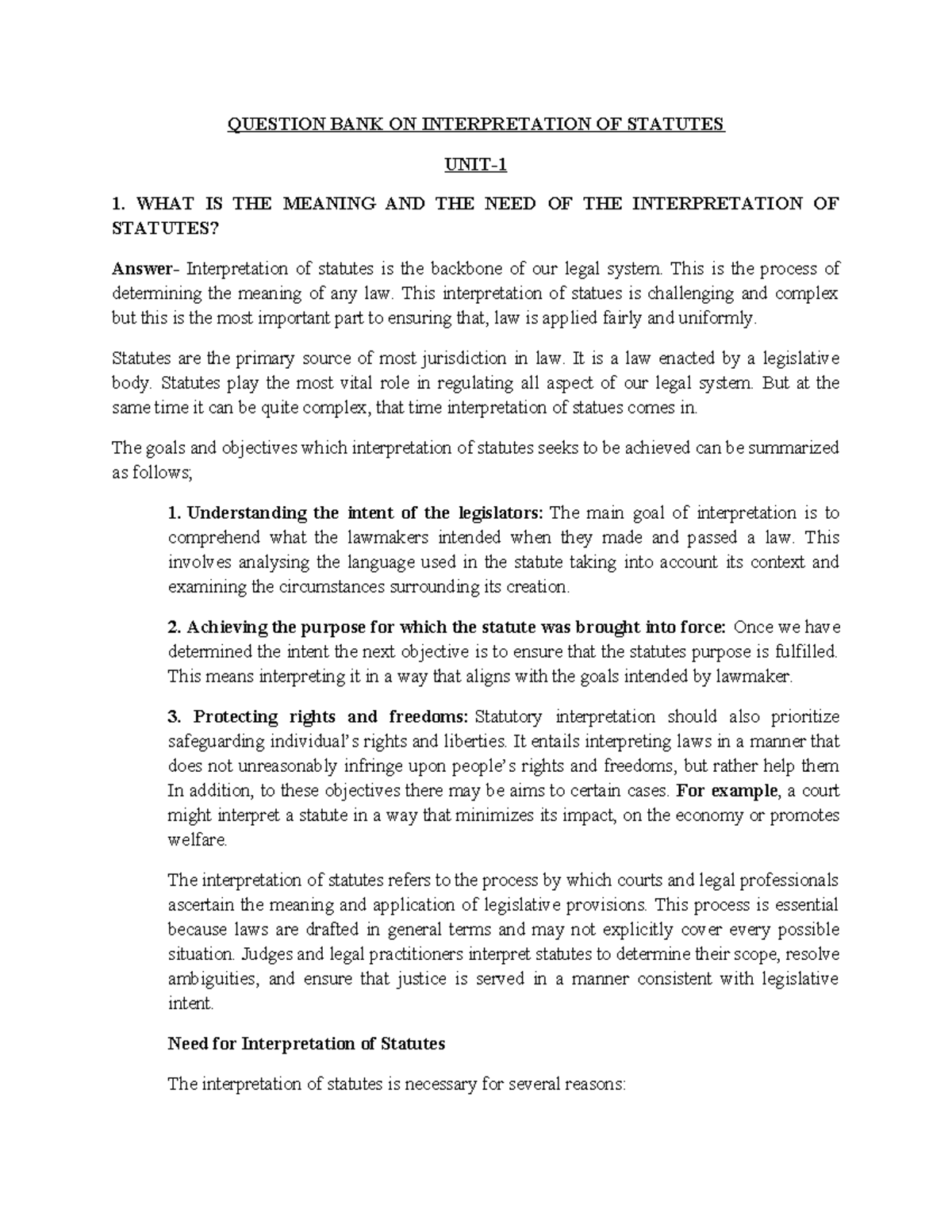 QUESTION BANK ON INTERPRETATION OF STATUTES (IOS) - Study Notes - Studocu