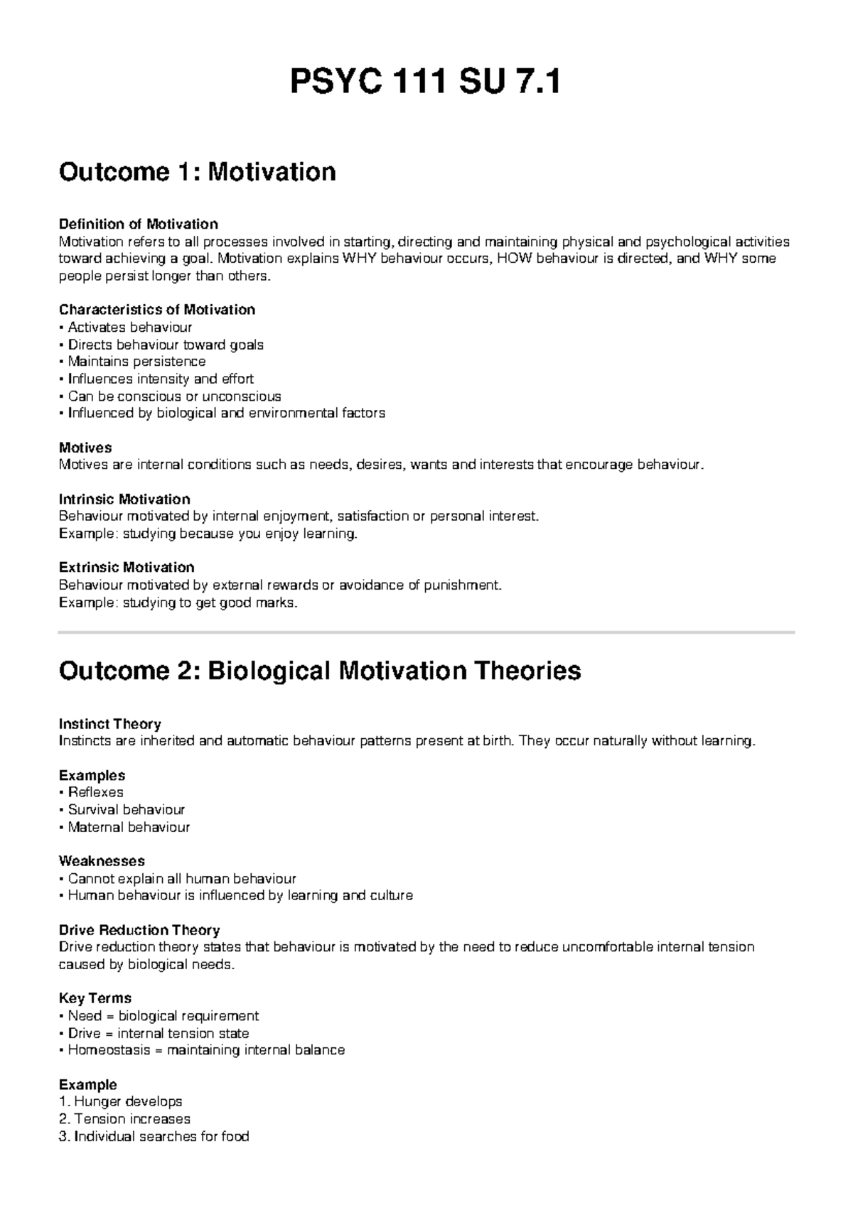 PSYC 111 Lecture Notes: Motivation and Emotion - Studocu