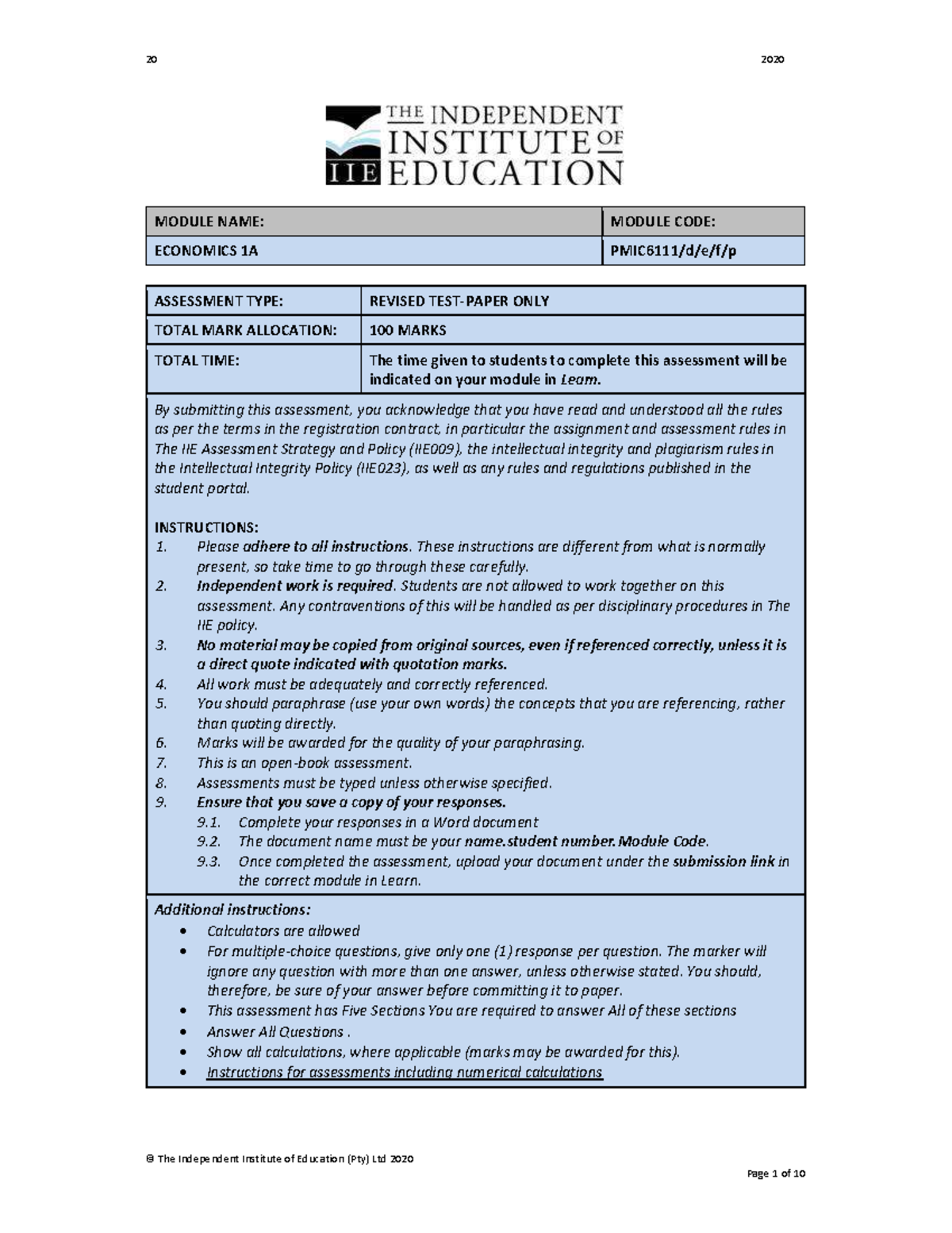 Economics 1A Test 1: Assessment Instructions & Guidelines 2020 - Studocu