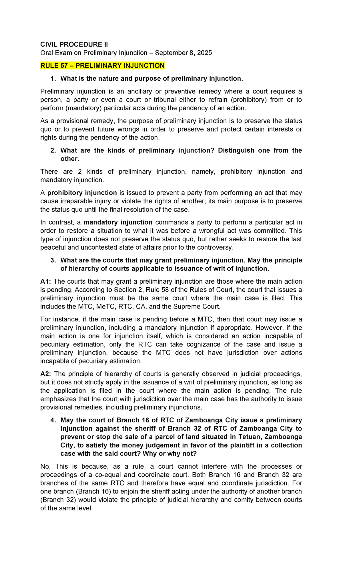 CIVIL PROCEDURE II Oral Exam: Understanding Preliminary Injunctions ...