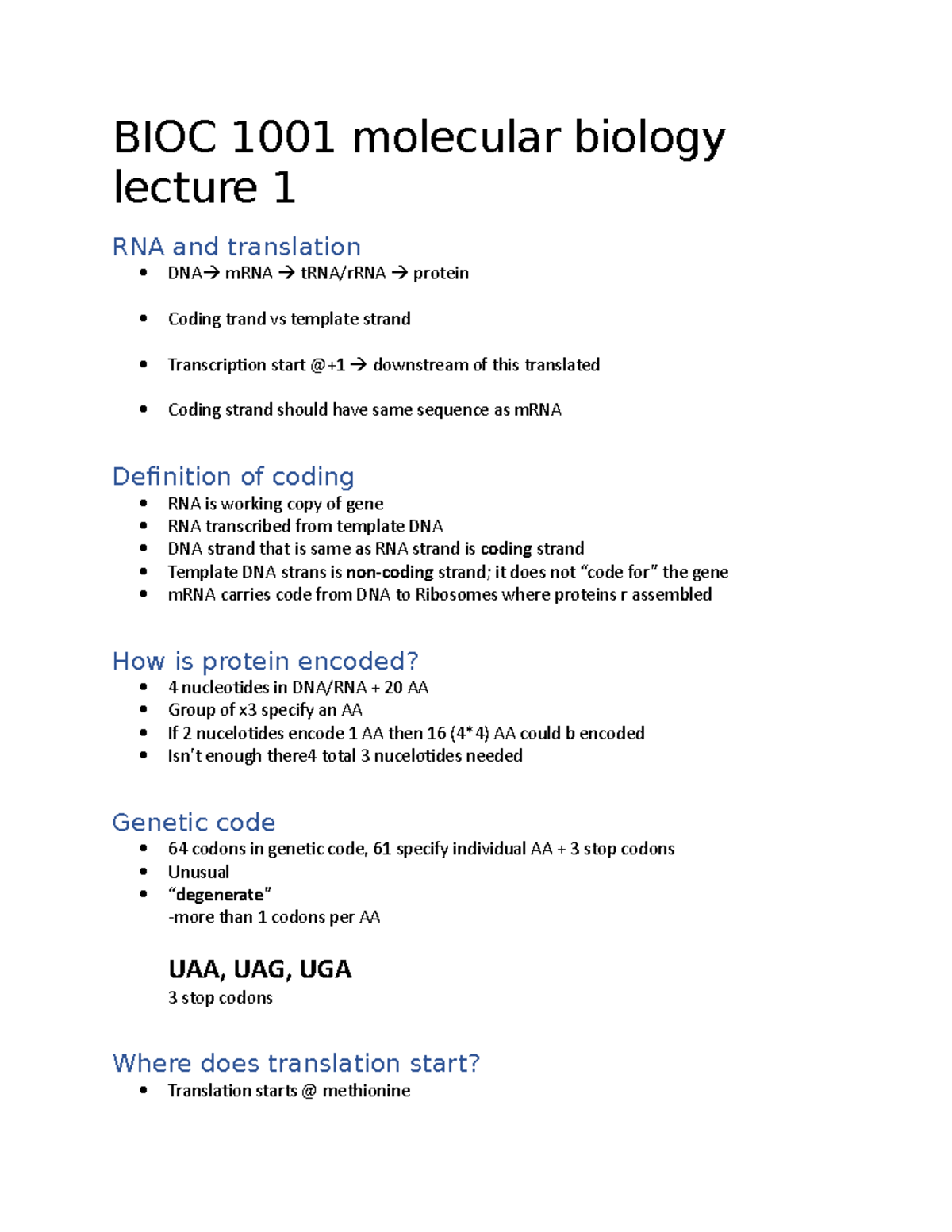 BIOC 1001 Molecular Biology Lecture Notes: RNA, Translation & Gene ...