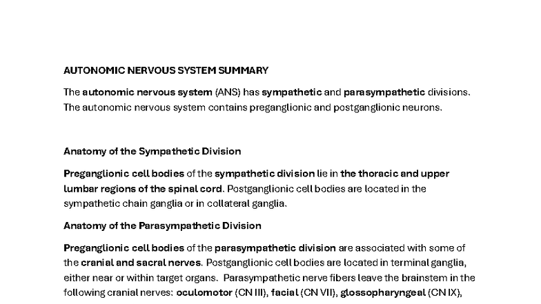 ANS 101: Autonomic Nervous System Summary and Functions - Studocu