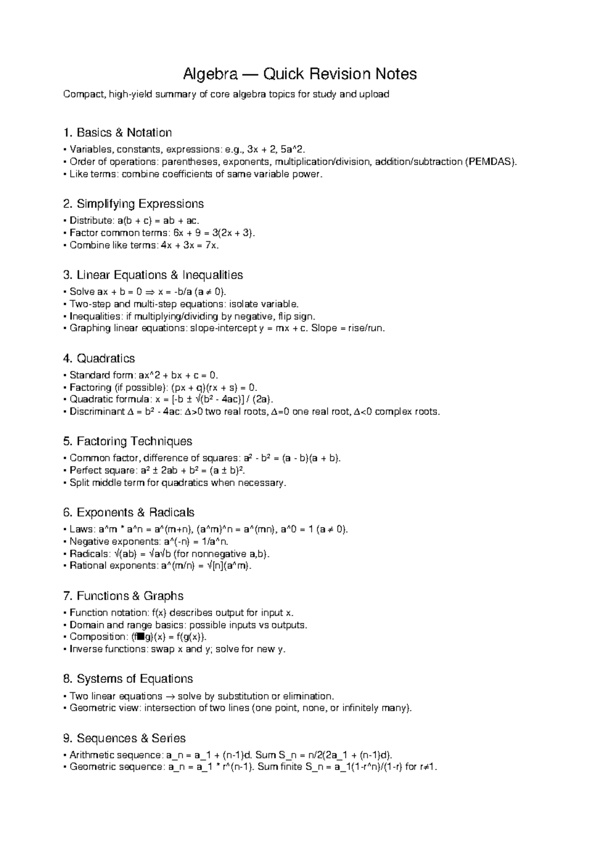 Algebra 101: Quick Revision Notes for Core Topics - Studocu