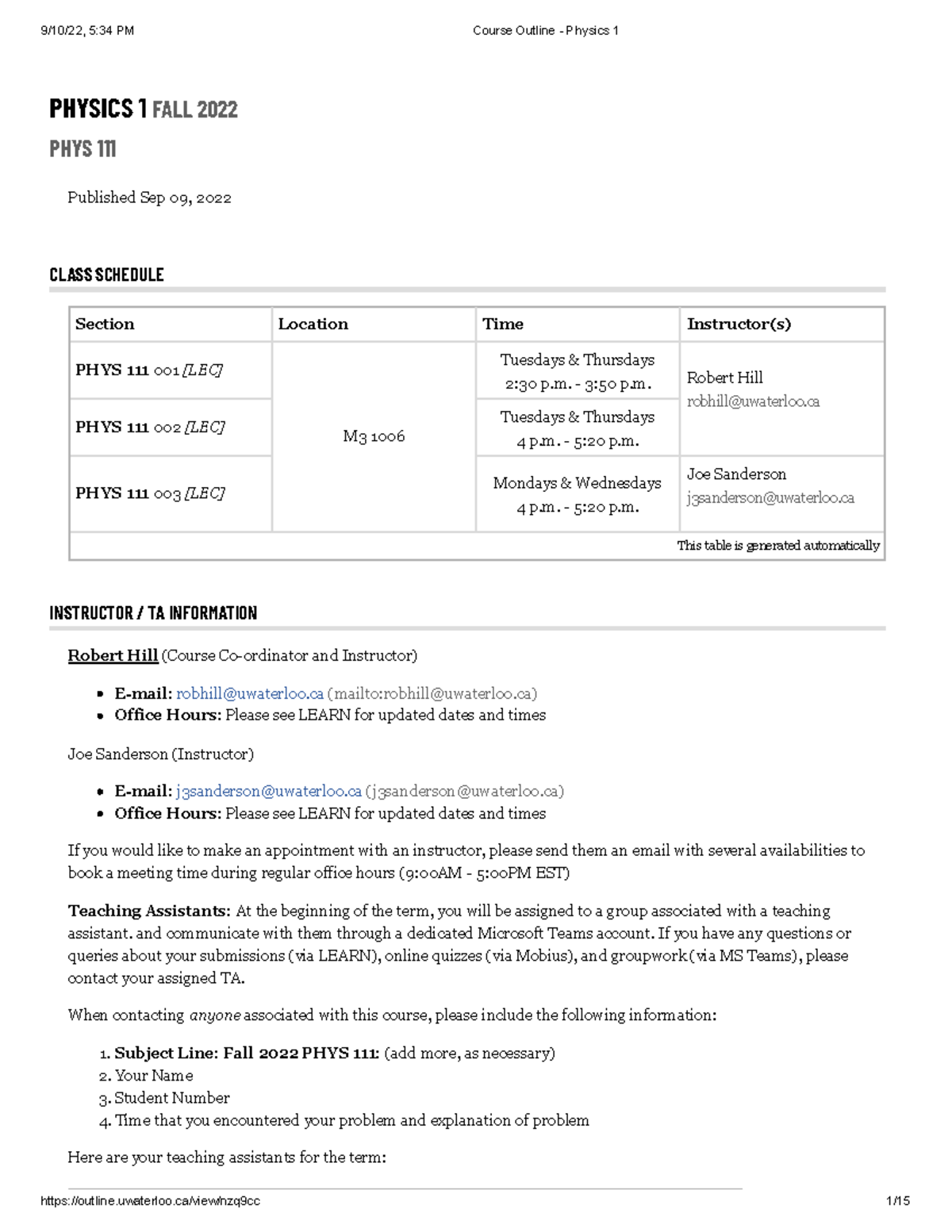 Course Outline for PHYS 111 - Physics 1 (Fall 2022) - Studocu