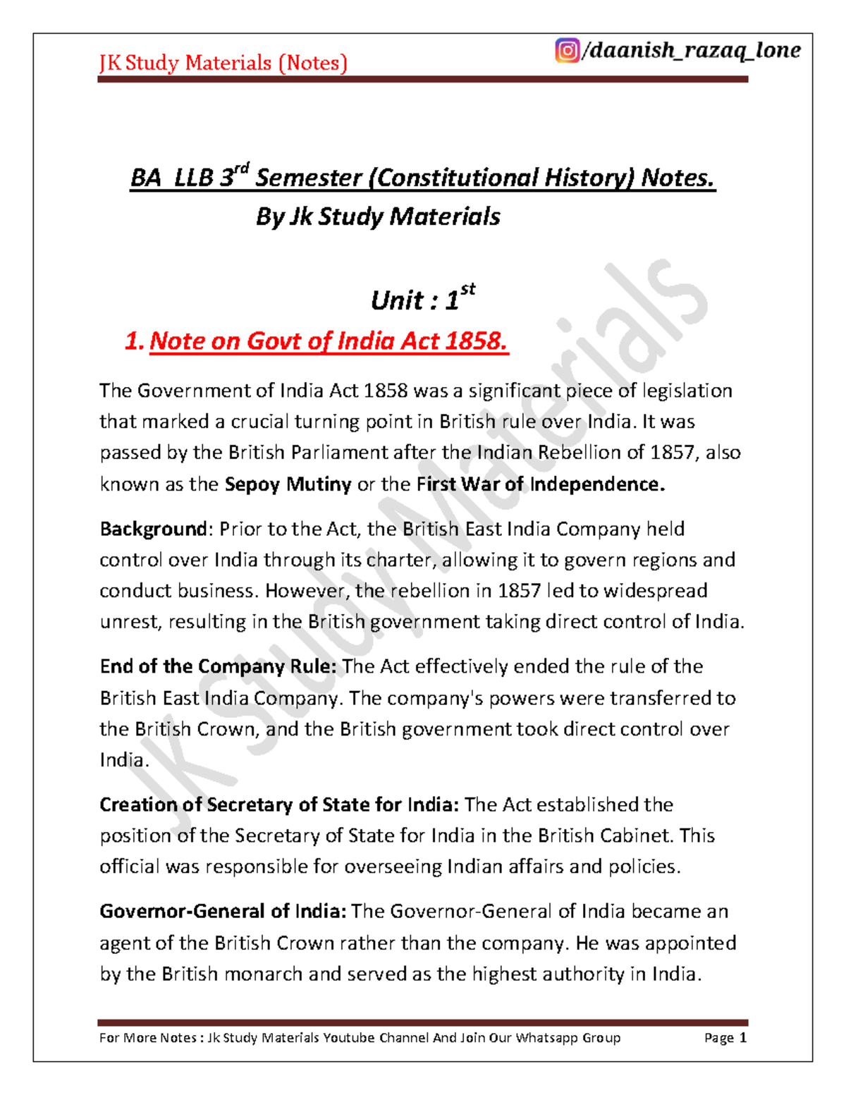 BA LLB 3rd Sem Notes: Constitutional History Overview - Studocu