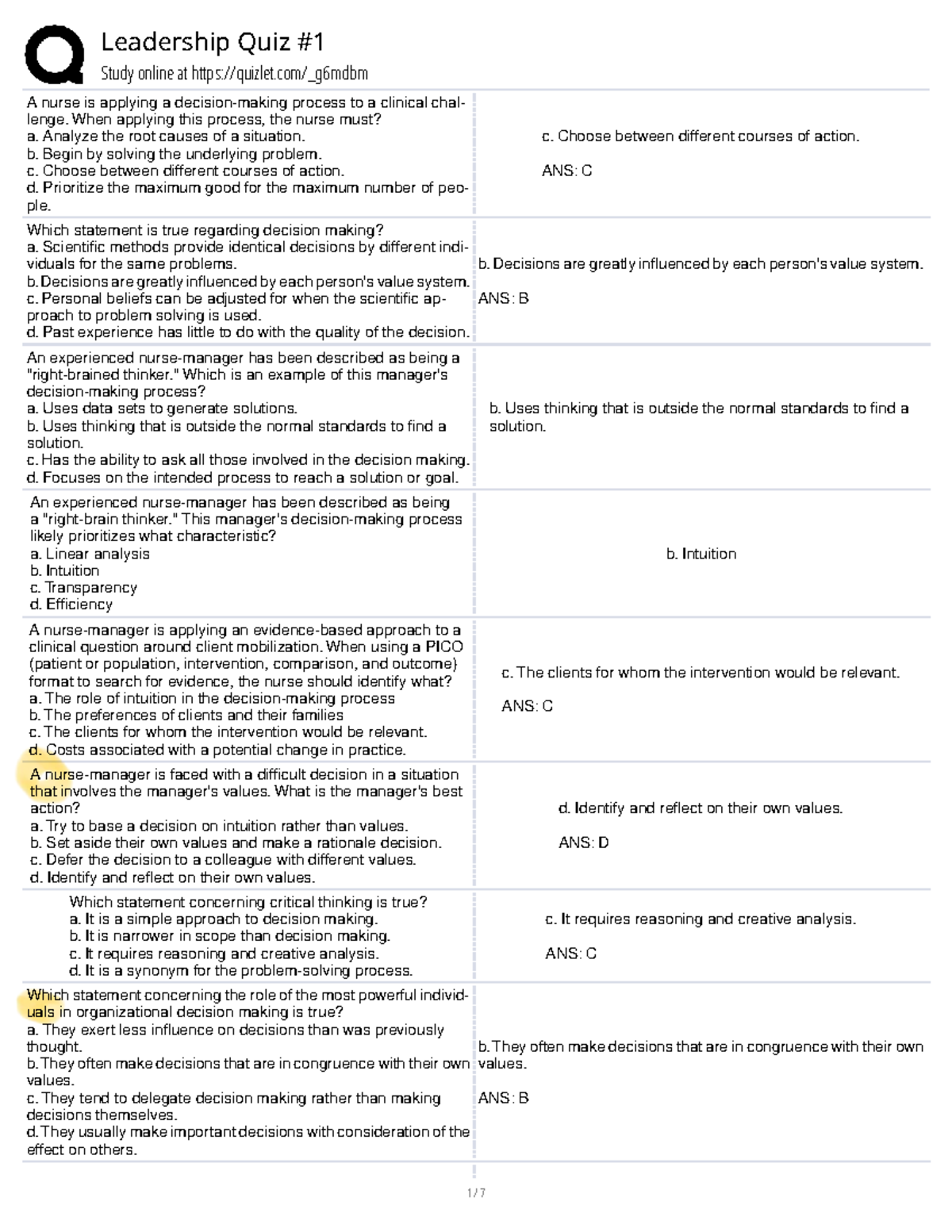 Leadership Quiz 1 - Study Notes for Nursing Practice - Studocu