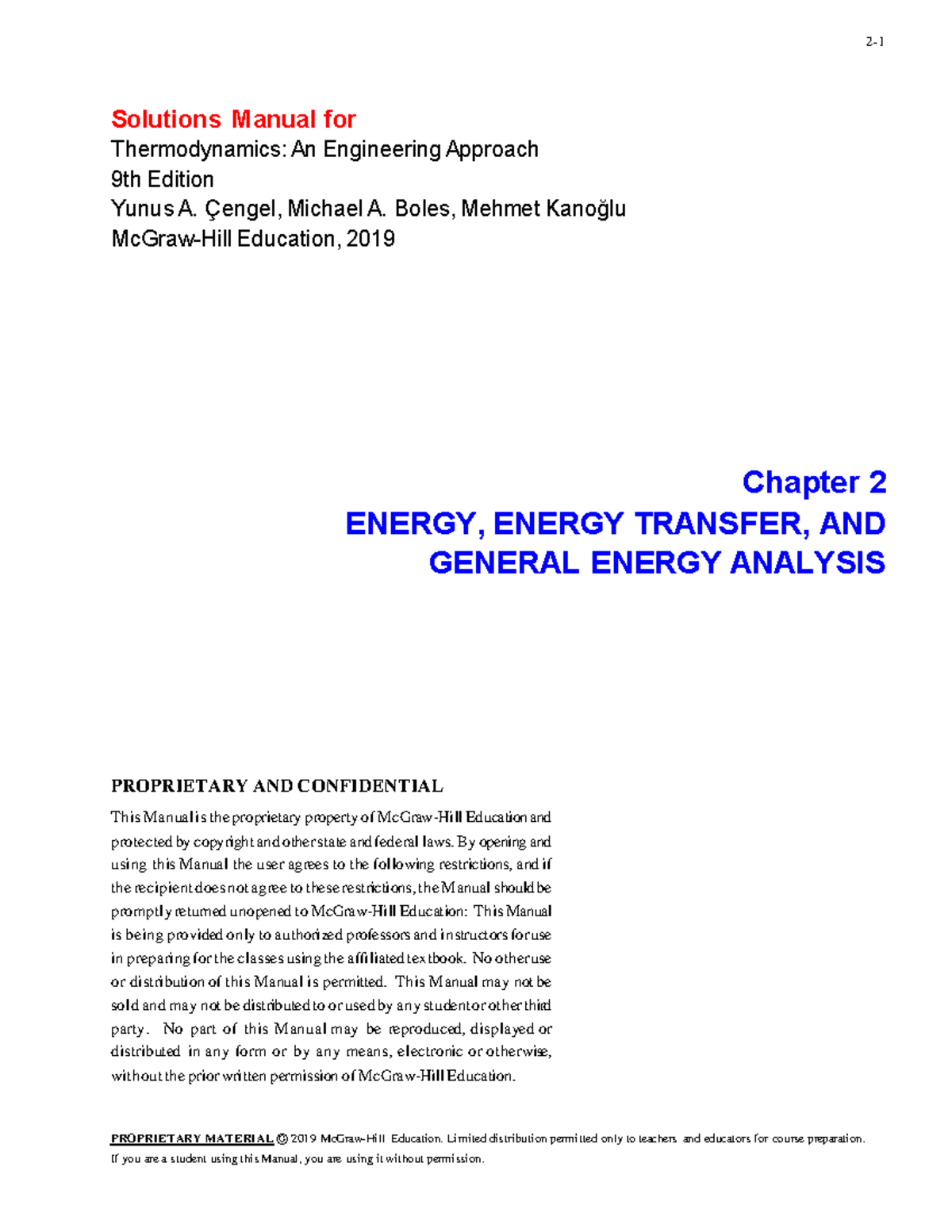 Thermodynamics Solutions Manual: Chapter 2 Energy Analysis (ENGR 201 ...