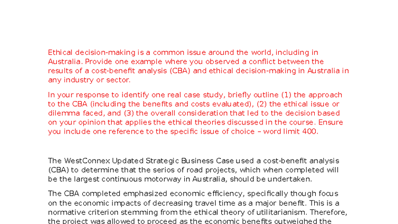 Ethical Implications of CBA: A Case Study on WestConnex (CBA 101) - Studocu