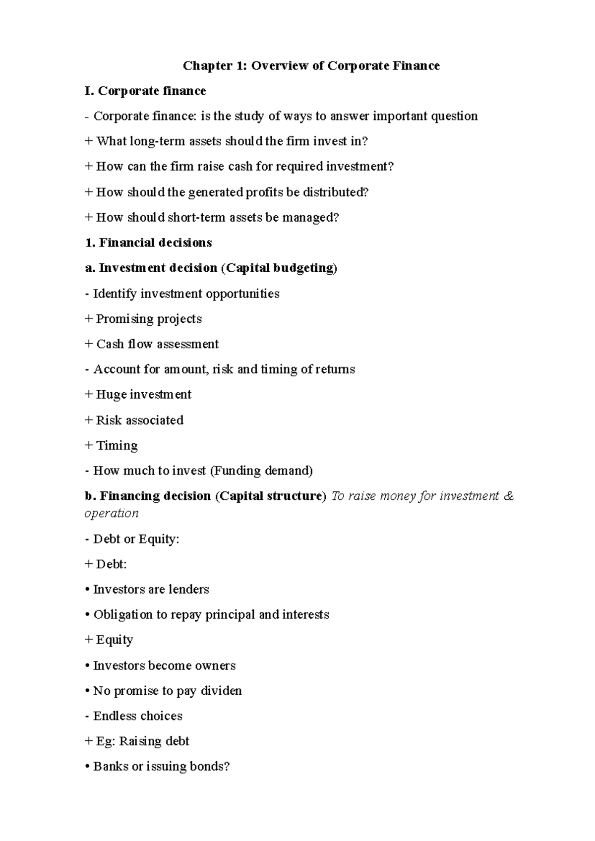 Chapter 1: Overview of Corporate Finance I - Key Concepts and Decisions ...