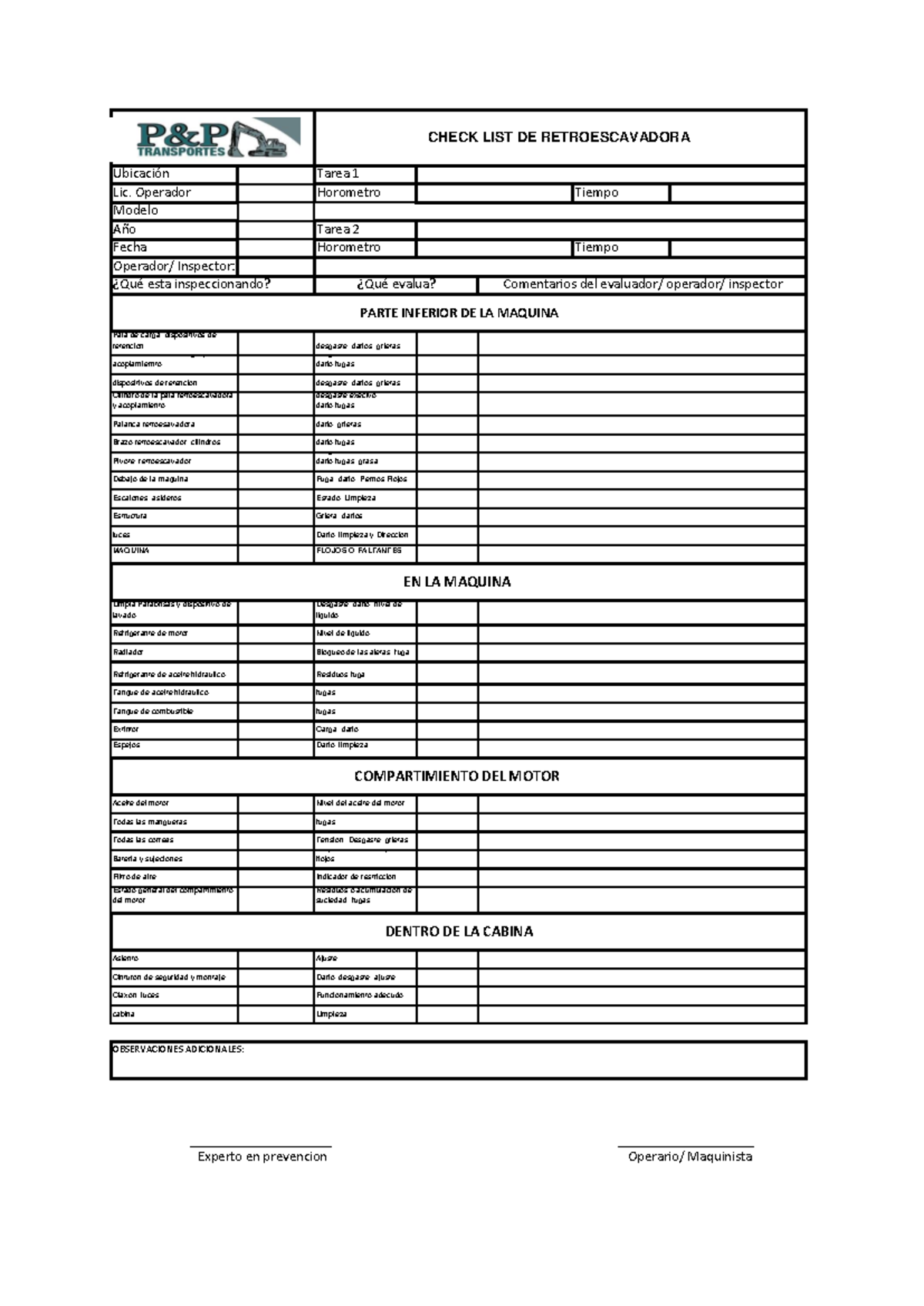 CHECK LIST DE INSPECCIÓN DE RETROESCAVADORA - Studocu