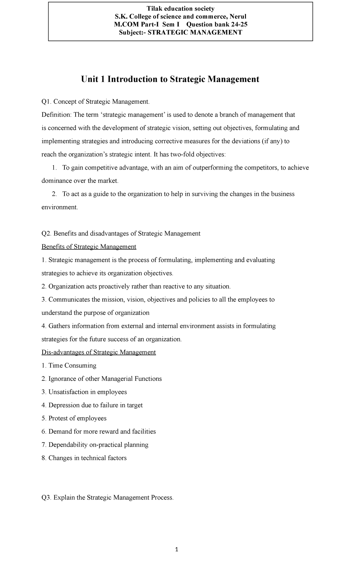 MCOM QB 24-25 SM - Strategic Management Notes & Concepts - Studocu