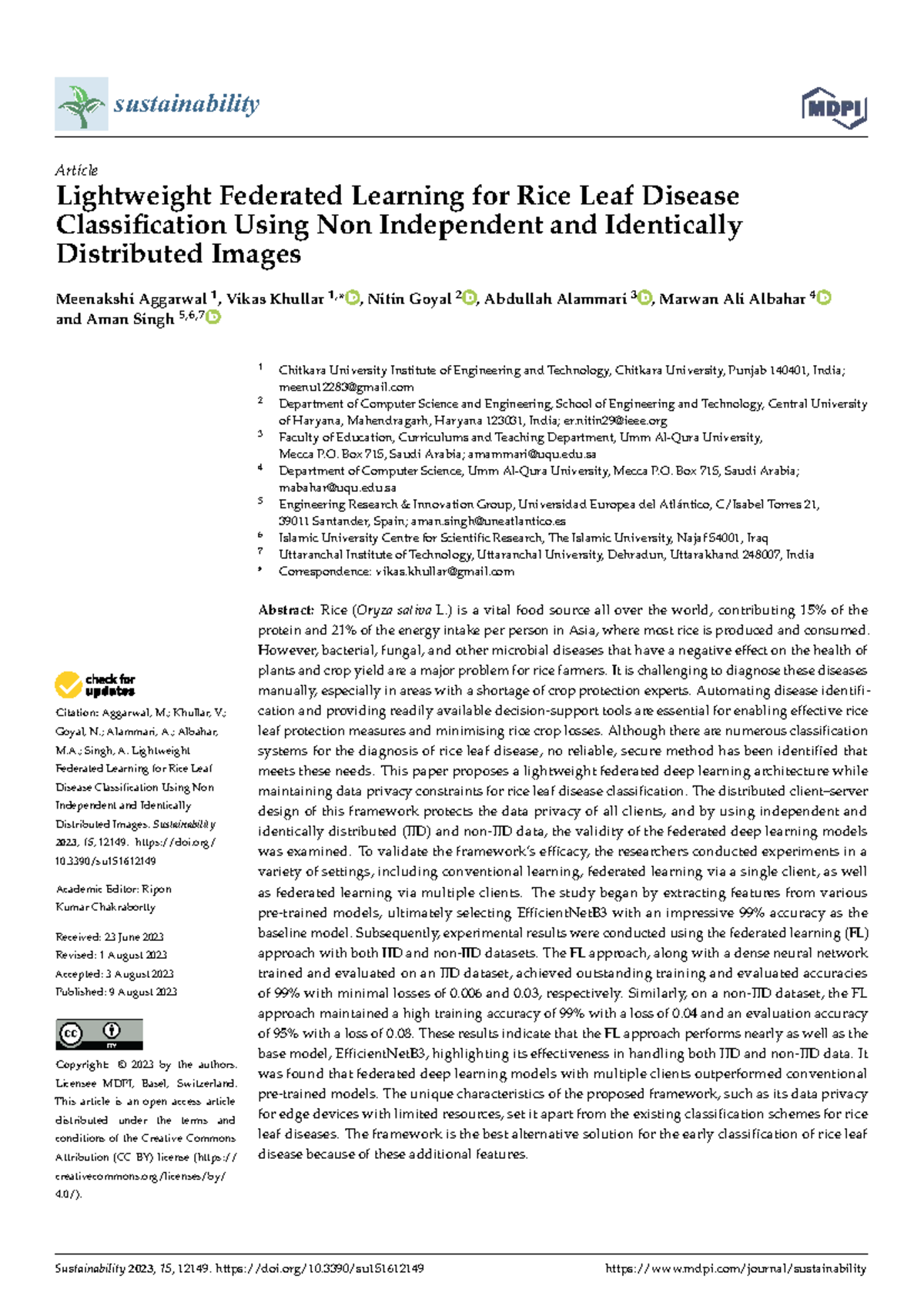 Lightweight Federated Learning for Rice Leaf Disease Classification ...