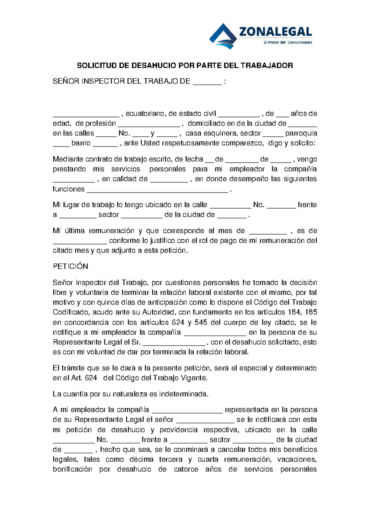 Solicitud de Desahucio Laboral por el Trabajador - Código del Trabajo ...