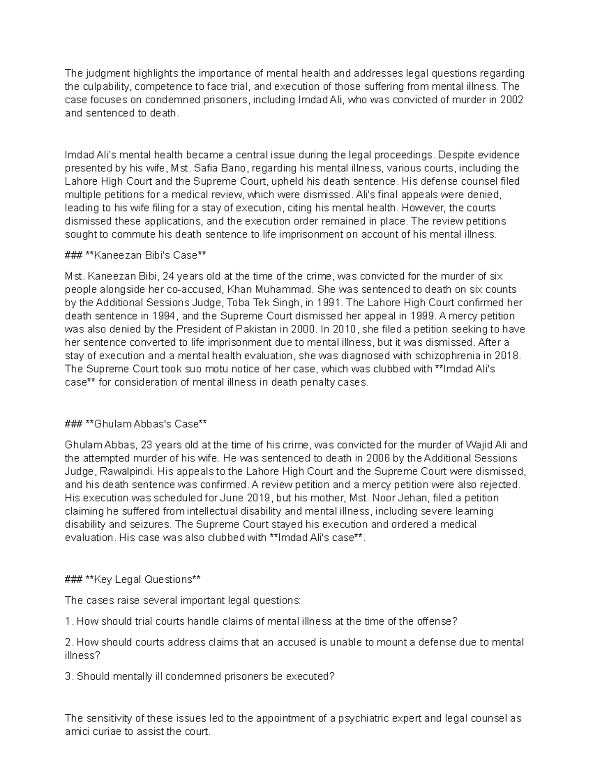 Safia bibi case - notes - The judgment highlights the importance of ...